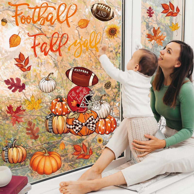 Whaline 6 Sheet Fall Window Clings Football and Fall Y'all Maple Leaf Pumpkin Truck Reusable Window Decals for Autumn Thanksgiving School Office Supplies Glass Home Decor - Image 3