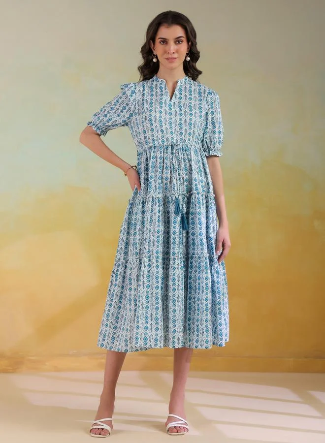 سانسكريتي هومز Sanskrutihomes Blue All-Over Printed Puff Sleeves Tiered Midi Dress