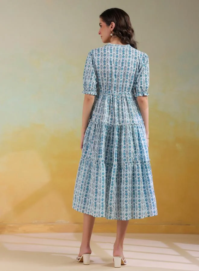 سانسكريتي هومز Sanskrutihomes Blue All-Over Printed Puff Sleeves Tiered Midi Dress