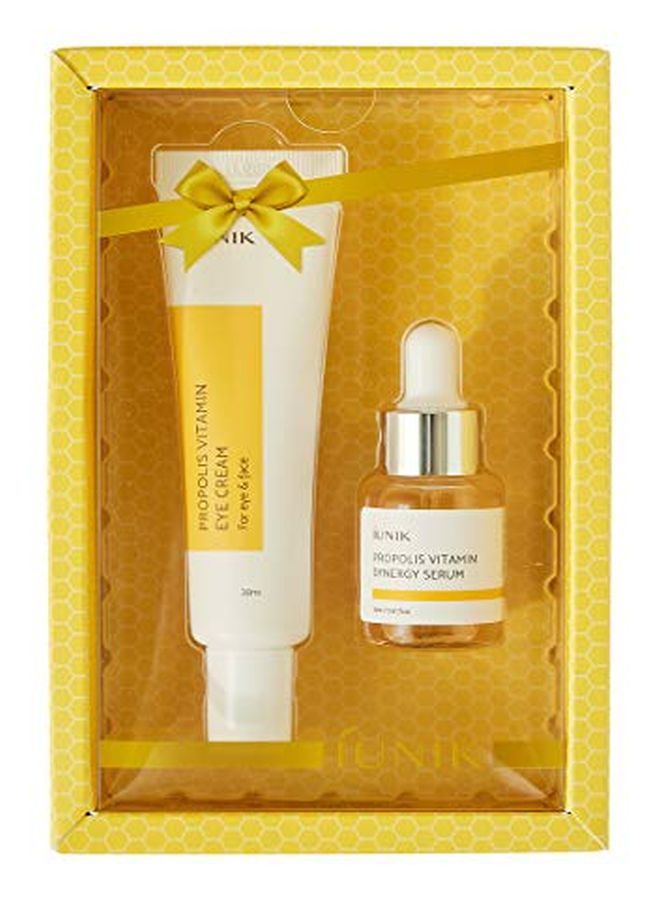 iUNIK Propolis Vitamin Eye Cream Set (Eye Cream 1.01 Fl.Oz. & Mini Serum 0.51 Fl.Oz.) Featuring Propolis Extract, Idebenone, Buckthorn Fruit Extract, And More To Hydrate, Fight Against Dark Circles  - Image 1