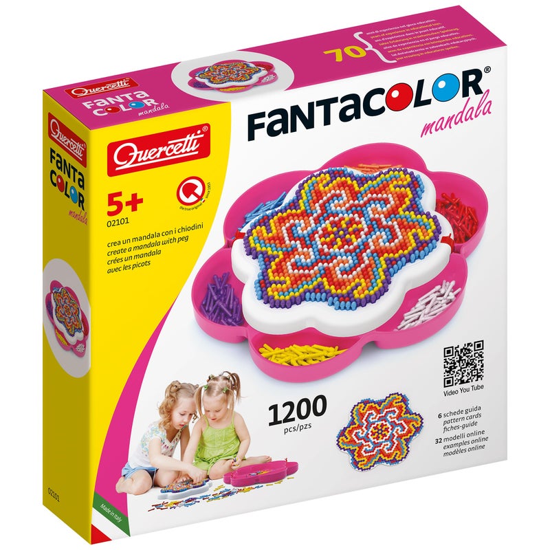 Quercetti FantaColor Mandala Designer Create Colorful Mosaic Art with Daisy Shaped Base and Colored Pegs Includes 6 Pattern Cards and Builtin Storage for Kids Ages 5 Years and up Multicolor 021019