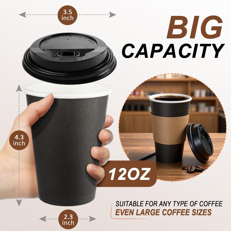 RAZCC 120 Pack 12 oz Paper Coffee Cups Set, Disposable Black Coffee Cups with Lids, Sleeves and Stirring Sticks, Fit For Cold and Hot Drinks - Image 2
