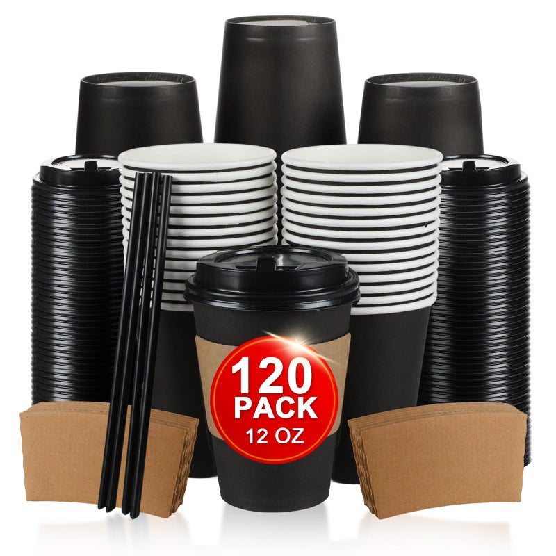 RAZCC 120 Pack 12 oz Paper Coffee Cups Set, Disposable Black Coffee Cups with Lids, Sleeves and Stirring Sticks, Fit For Cold and Hot Drinks - Image 1