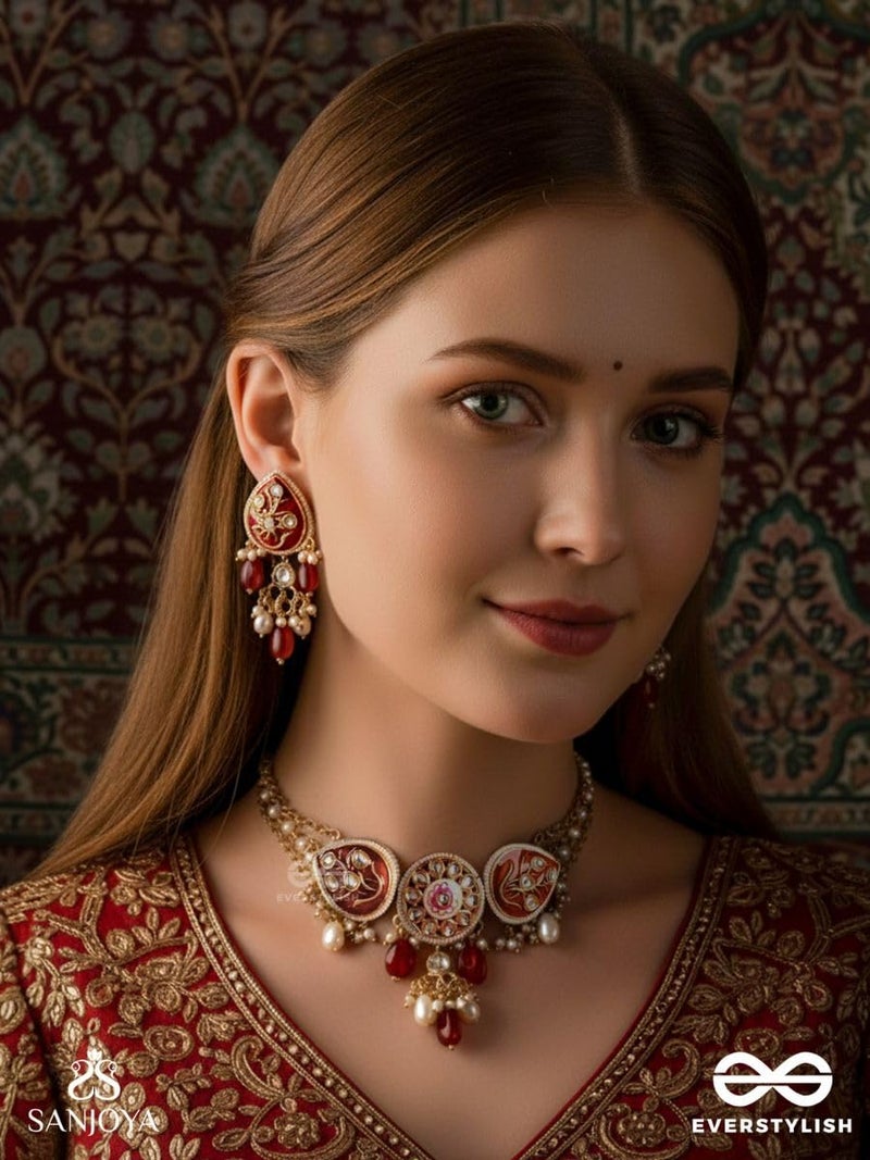 SANJOYA BY EVERSTYLISH Nilachandrika Moonlight Of The Blue Sky Handmade Kundan Set With Necklace And Earrings Lightweight Jewelry For Women | Party, Festive, Wedding & Gifting (Red With Earrings) - Image 2