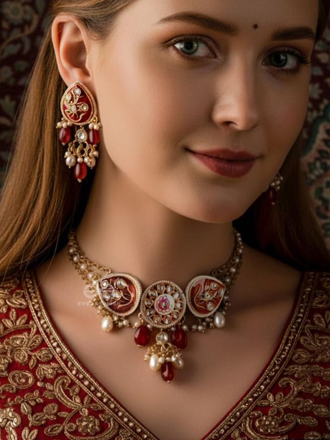 SANJOYA BY EVERSTYLISH Nilachandrika Moonlight Of The Blue Sky Handmade Kundan Set With Necklace And Earrings Lightweight Jewelry For Women | Party, Festive, Wedding & Gifting (Red With Earrings) - Image 3
