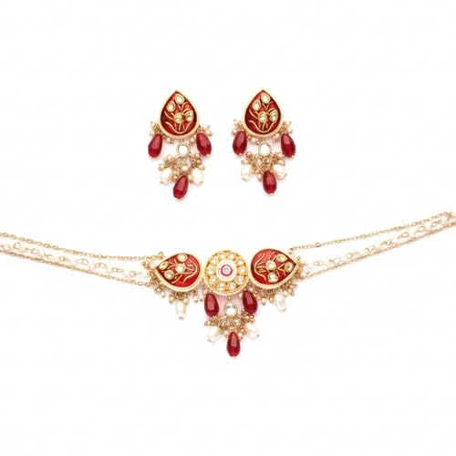 SANJOYA BY EVERSTYLISH Nilachandrika Moonlight Of The Blue Sky Handmade Kundan Set With Necklace And Earrings Lightweight Jewelry For Women | Party, Festive, Wedding & Gifting (Red With Earrings) - Image 1