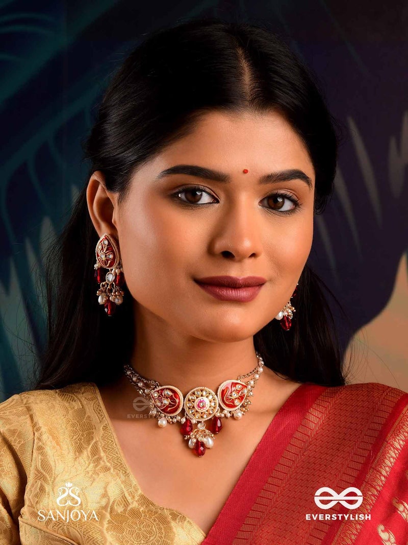 SANJOYA BY EVERSTYLISH Nilachandrika Moonlight Of The Blue Sky Handmade Kundan Set With Necklace And Earrings Lightweight Jewelry For Women | Party, Festive, Wedding & Gifting (Red With Earrings) - Image 4