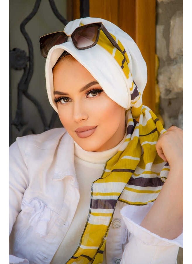Aişe Tesettür Aişe Hijab Off White Navy Blue Stripe Pattern Scarf Hat  - Image 1