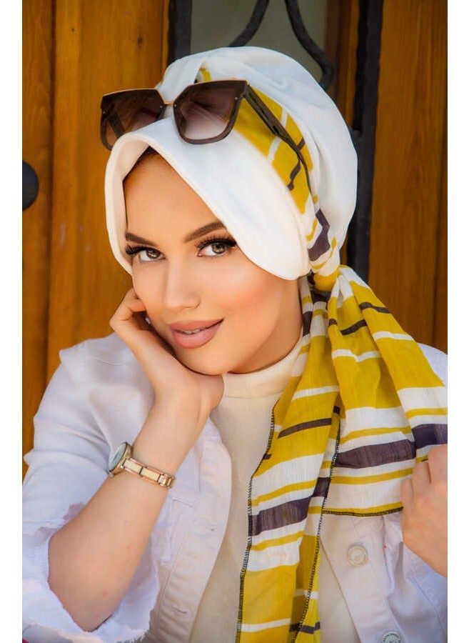 Aişe Tesettür Aişe Hijab Off White Navy Blue Stripe Pattern Scarf Hat  - Image 2