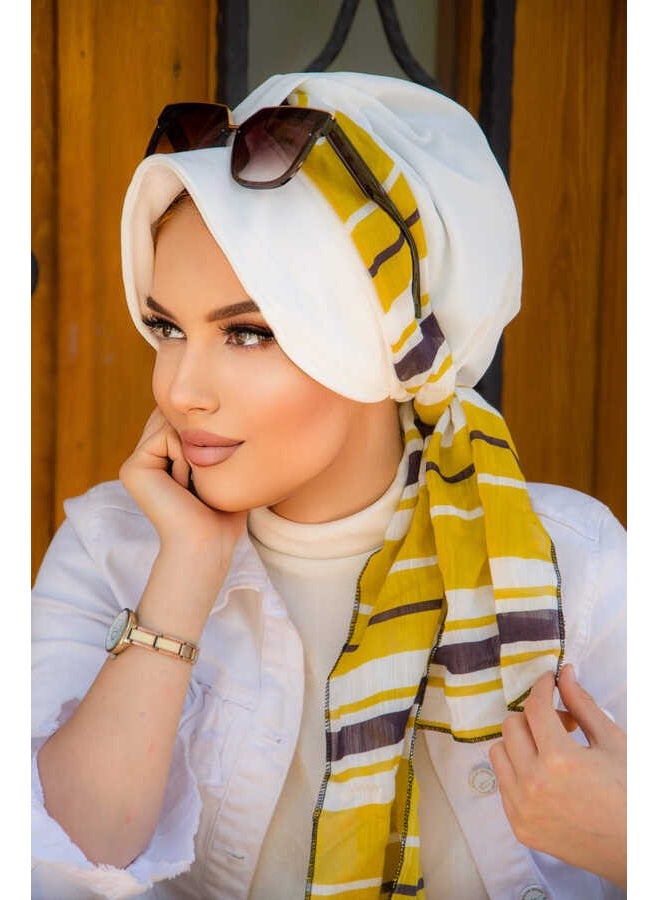 Aişe Tesettür Aişe Hijab Off White Navy Blue Stripe Pattern Scarf Hat  - Image 3