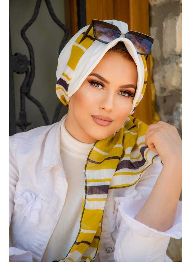 Aişe Tesettür Aişe Hijab Off White Navy Blue Stripe Pattern Scarf Hat  - Image 4