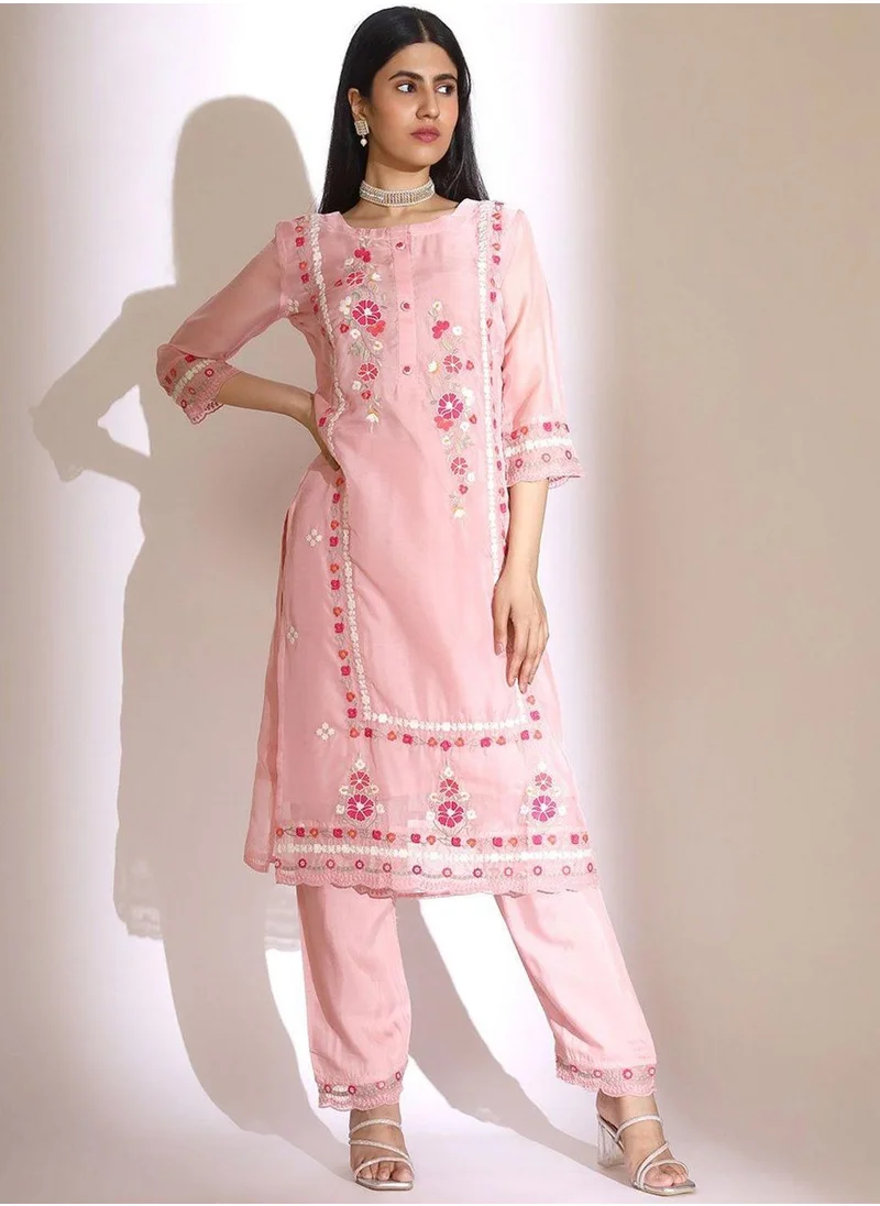 ISHIN Women's Pink Organza Embellished Tunic Full Length Casual Straight Fit Kurta Set