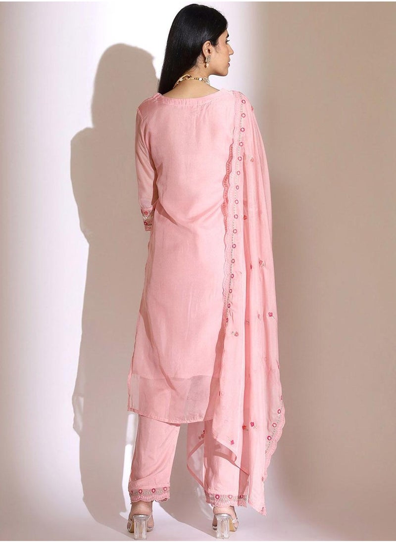 ISHIN Women's Pink Organza Embellished Tunic Full Length Casual Straight Fit Kurta Set  - Image 5
