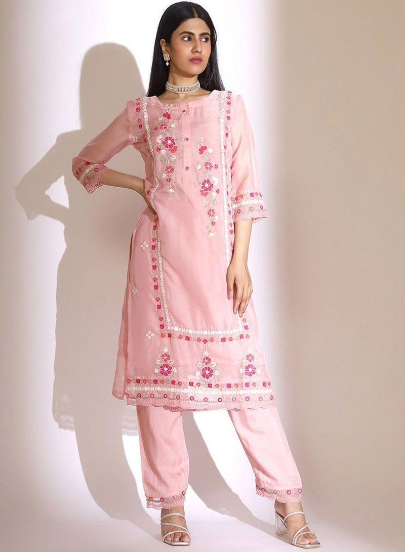 Women's Pink Organza Embellished Tunic Full Length Casual Straight Fit Kurta Set