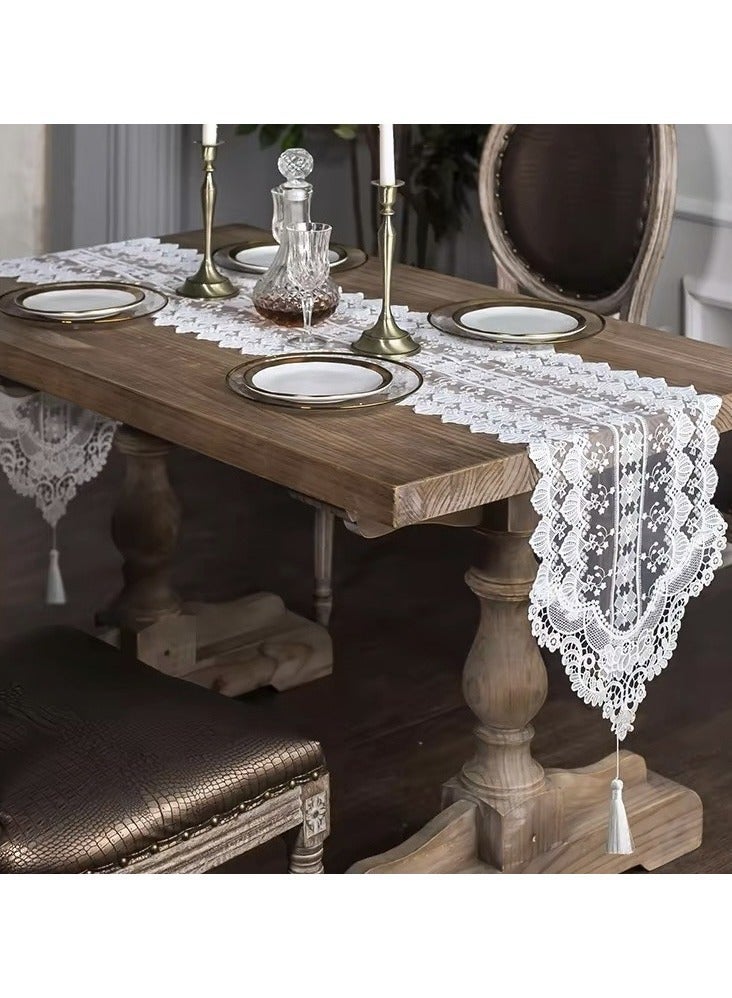 مفرش طاولة من الدانتيل الأبيض مزين بتطريزات زهرية - غطاء أنيق بتصميم كلاسيكي مقاس 35 × 180 سم لطاولة الطعام، وحفلات الزفاف، والبيانو، والمدفأة | قابل للغسل في الغسالة - Image 2