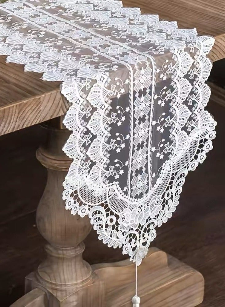 مفرش طاولة من الدانتيل الأبيض مزين بتطريزات زهرية - غطاء أنيق بتصميم كلاسيكي مقاس 35 × 180 سم لطاولة الطعام، وحفلات الزفاف، والبيانو، والمدفأة | قابل للغسل في الغسالة - Image 1