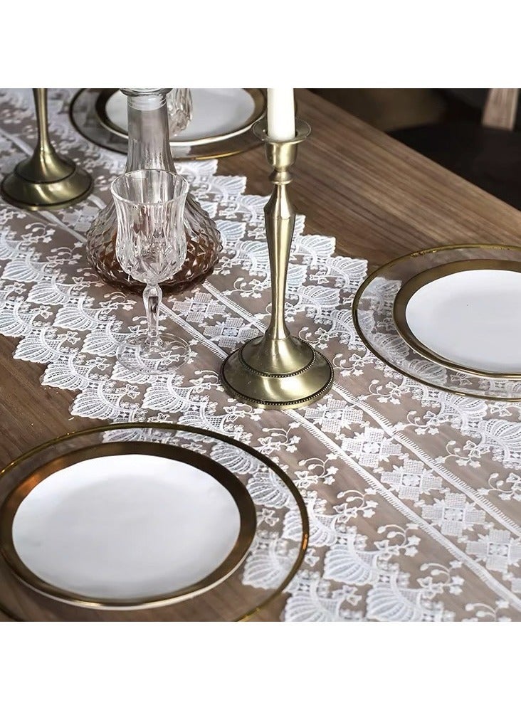 مفرش طاولة من الدانتيل الأبيض مزين بتطريزات زهرية - غطاء أنيق بتصميم كلاسيكي مقاس 35 × 180 سم لطاولة الطعام، وحفلات الزفاف، والبيانو، والمدفأة | قابل للغسل في الغسالة - Image 3