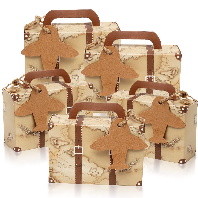 CHolic 50Pcs Party Favor Candy Box Vintage Mini Suitcase Favor Box Kraft Paper with Tags and Burlap Twine for Travel Themed Party Bridal Shower Wedding Decorations