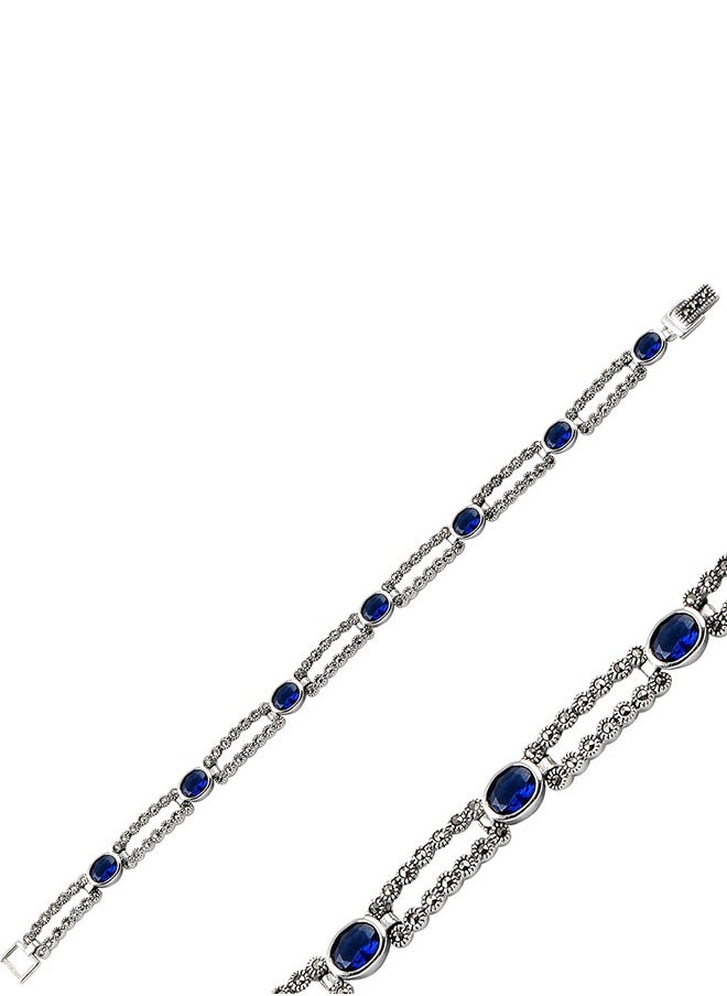 EMNON - 925 Silver Natural Marcasite & Navy Blue CZ Bracelet -High-Quality Jewelry in UAE Dubai 100% Precious Metal Gift for Women-EMNON76BR-B101367 - Image 1