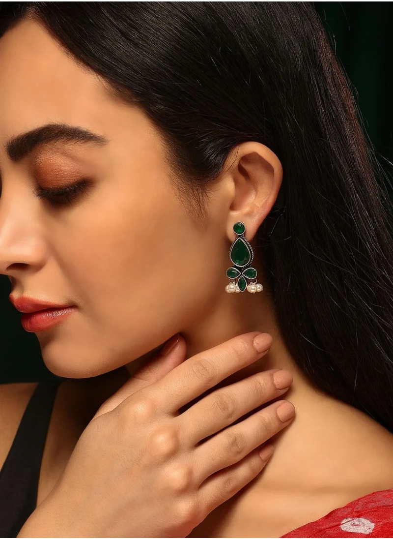 برياسي Plated Emerald Stone Studded  Beaded Contemporary Drop Earrings