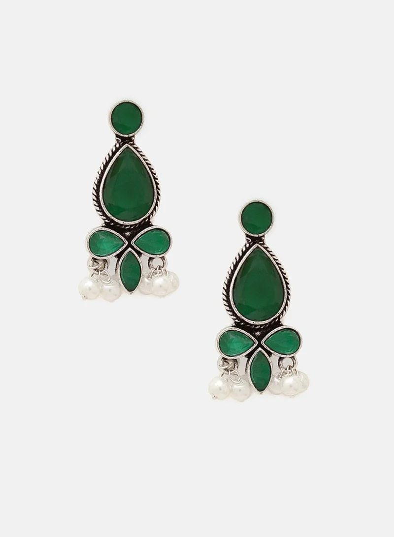 Priyaasi Plated Emerald Stone Studded  Beaded Contemporary Drop Earrings