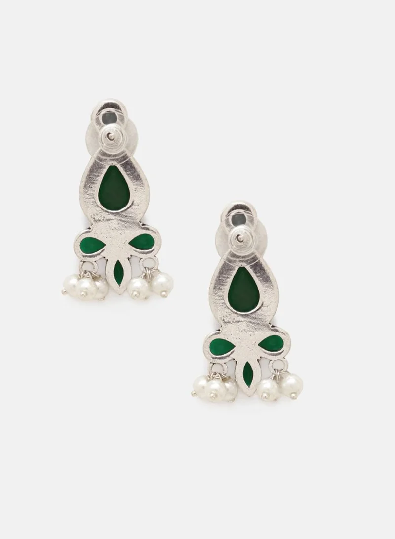 Priyaasi Plated Emerald Stone Studded  Beaded Contemporary Drop Earrings