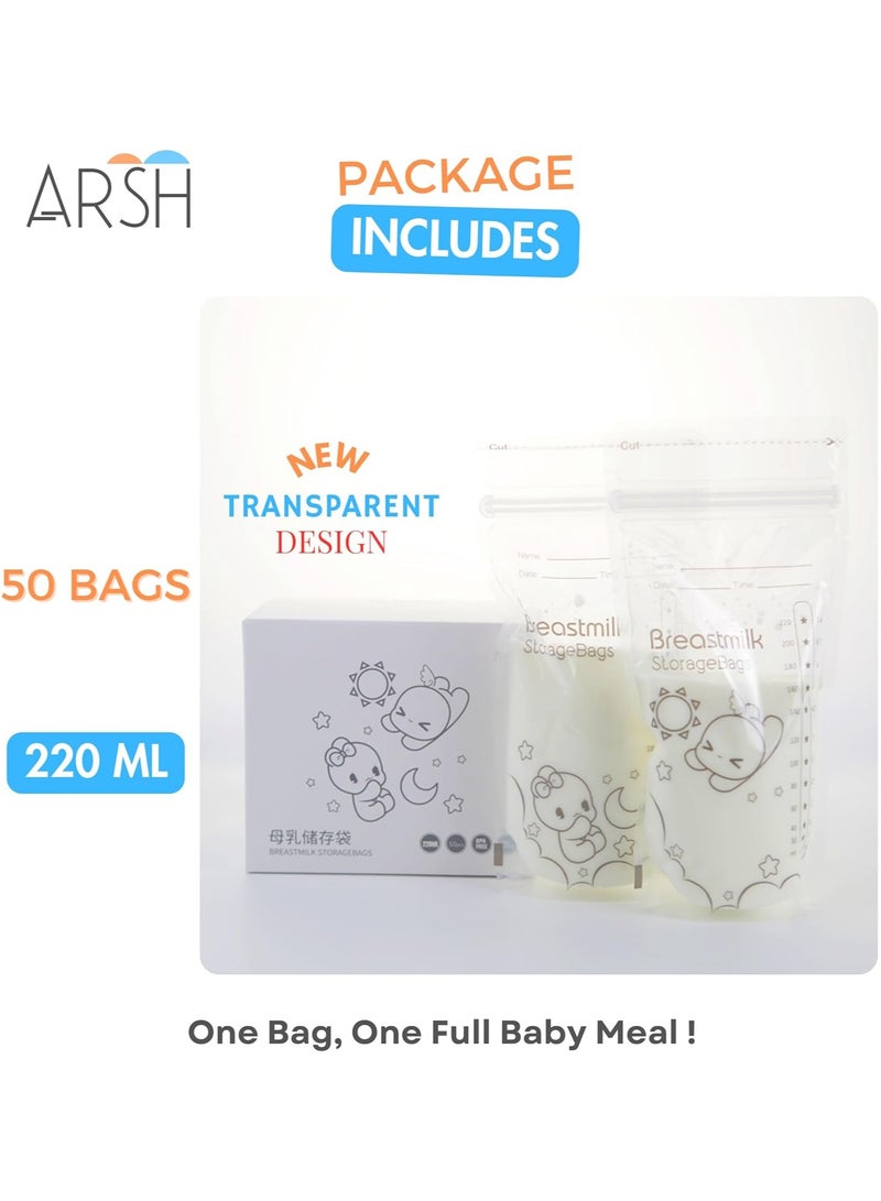 Breastmilk Storage Bags, 50 count, 220 ml NEW Transparent Breast milk Storage Bags with Double Zipper, Self Standing, Leak proof, Pre-sealed  - Image 3