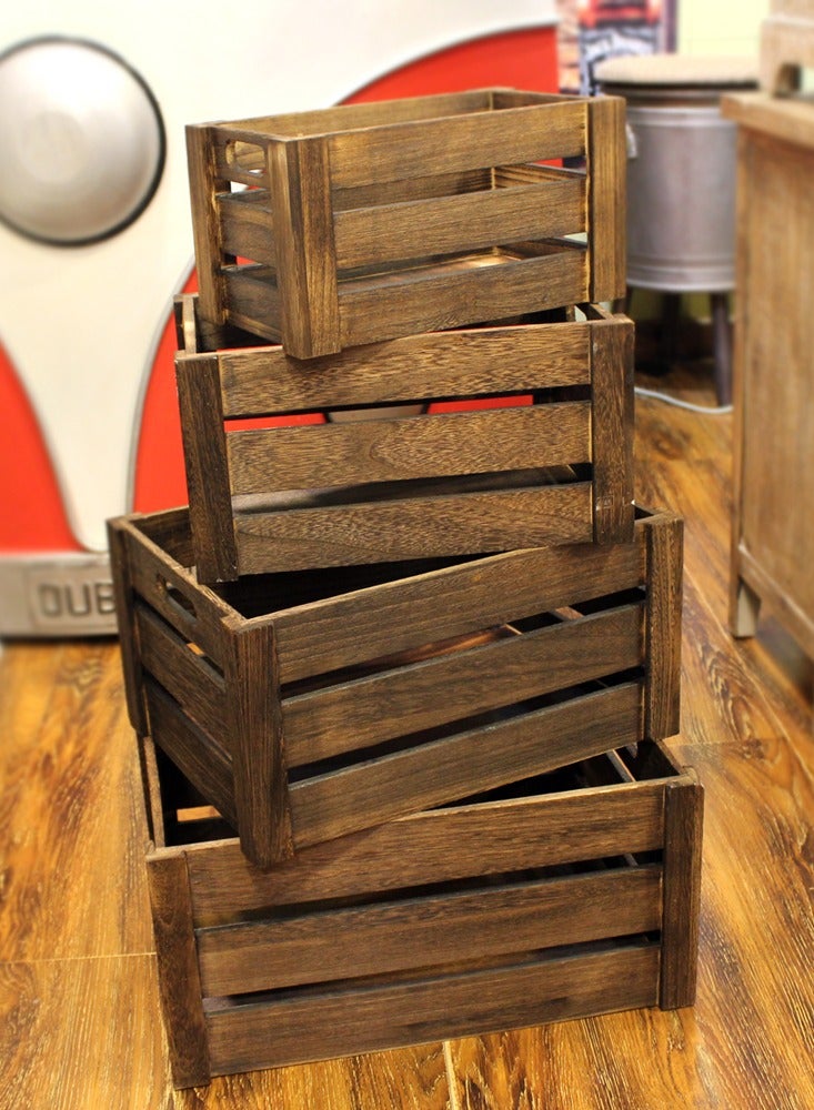 LINGWEI Natural Wooden Storage Crates Set of 4 Nesting Wooden Boxes with Cutout Handles, Rustic Farmhouse Decorative Storage Containers - Image 3
