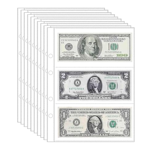 Jayen 10 Sheets Paper Money Collection Pages, 3 Pockets Currency Sleeves/Currency Holder Collecting Album Pages - Image 1