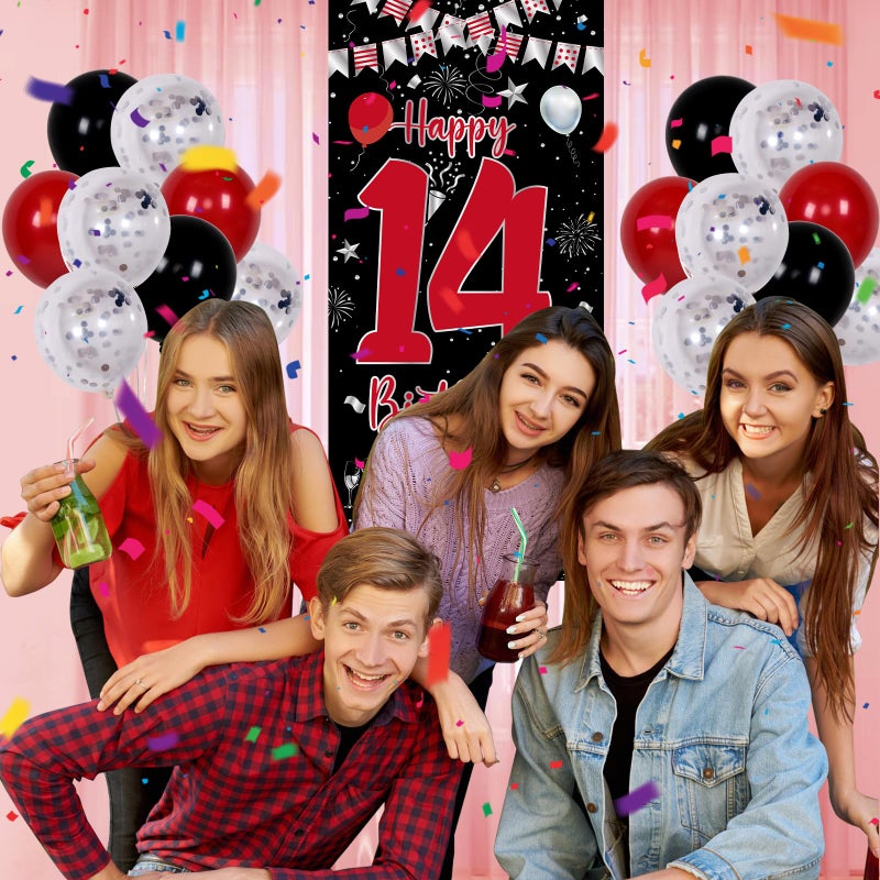 Pounira 14th Birthday Decorations for Boys Girls, Happy 14th Birthday Decorations Boy, Red Black 14 Year Old Birthday Door Banner Sign, Triangle Flag, Large 14 Balloons Decor for 14 Bday Party Supplies - Image 3