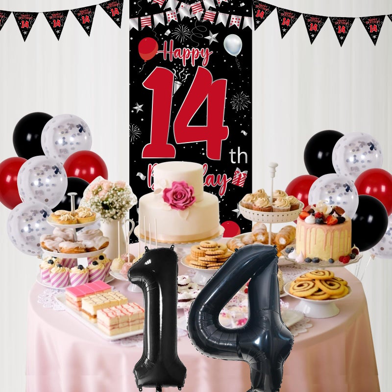 Pounira 14th Birthday Decorations for Boys Girls, Happy 14th Birthday Decorations Boy, Red Black 14 Year Old Birthday Door Banner Sign, Triangle Flag, Large 14 Balloons Decor for 14 Bday Party Supplies - Image 4