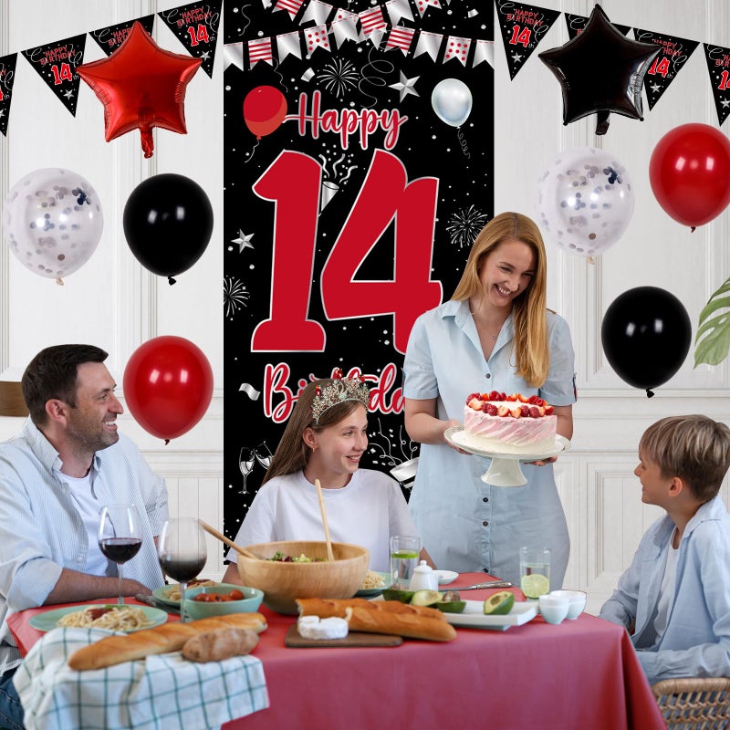 Pounira 14th Birthday Decorations for Boys Girls, Happy 14th Birthday Decorations Boy, Red Black 14 Year Old Birthday Door Banner Sign, Triangle Flag, Large 14 Balloons Decor for 14 Bday Party Supplies - Image 5