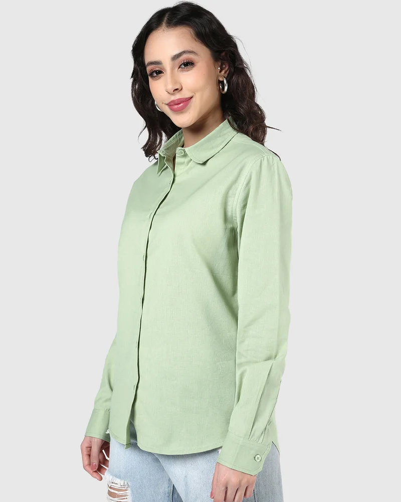 bewakoof Women's Light Green Oversized Cotton Linen Shirt