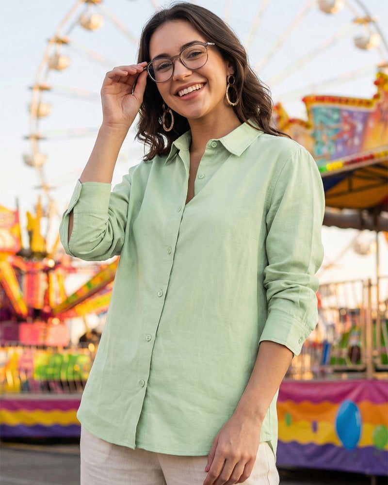 bewakoof Women's Light Green Oversized Cotton Linen Shirt - Image 1