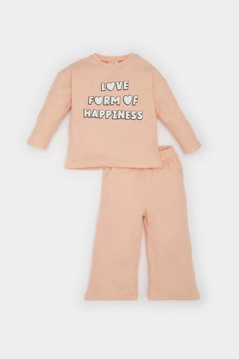 ديفاكتو Baby Girl Printed Sweatshirt Wide Leg Sweatpants 2 Piece Set