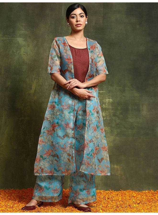 AKS Embellished Top With Printed Palazzos & Shrug - Image 3