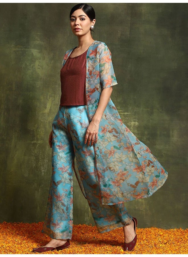 AKS Embellished Top With Printed Palazzos & Shrug - Image 5