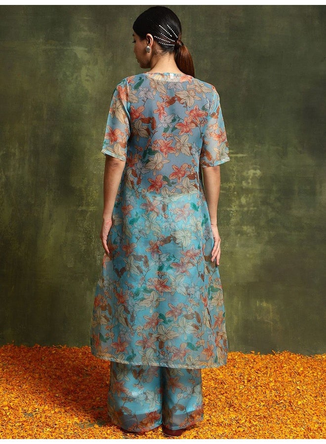 AKS Embellished Top With Printed Palazzos & Shrug - Image 4