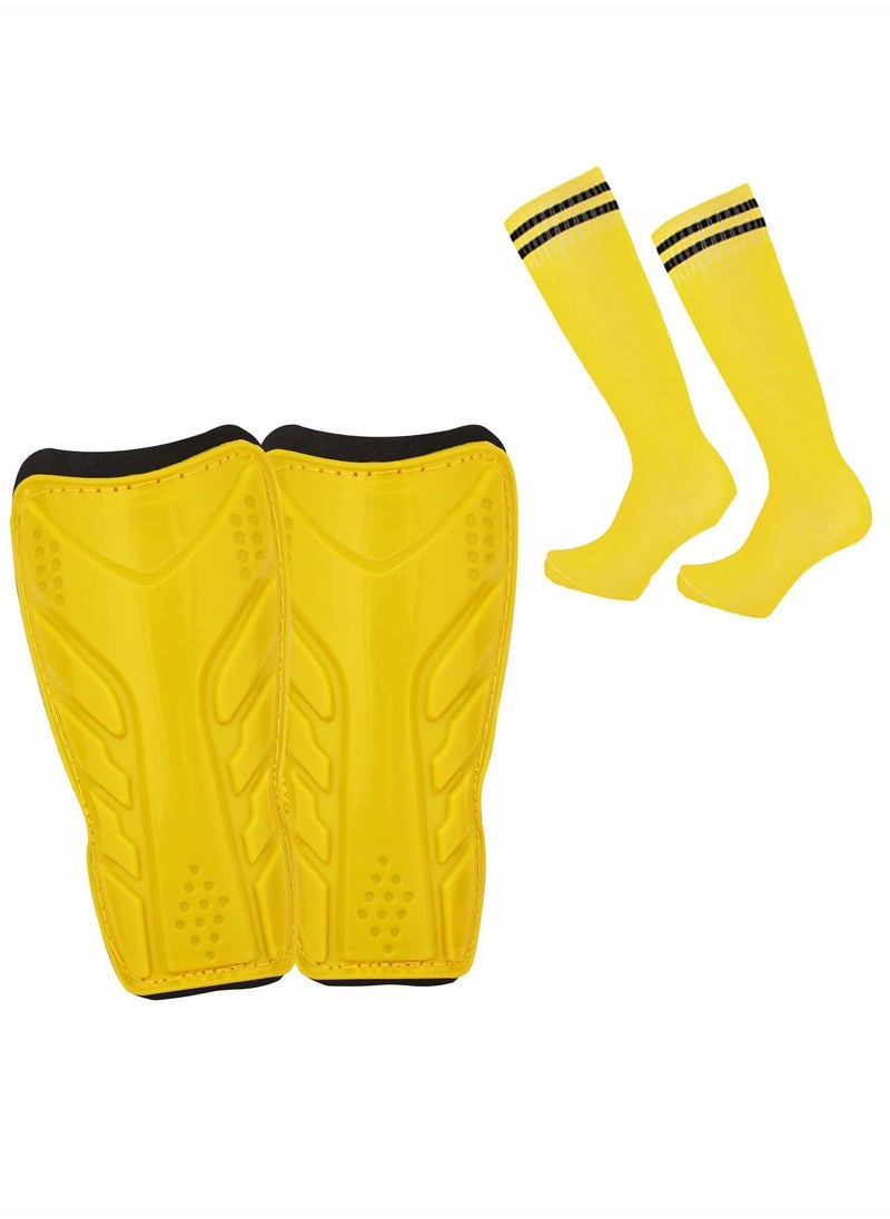 Excefore Football Shin Pads, Sport Soccer Shin Guards with Football Socks, Child Calf Protective Gear for Kids, Boys, Girls Youth (M, Yellow)  - Image 1