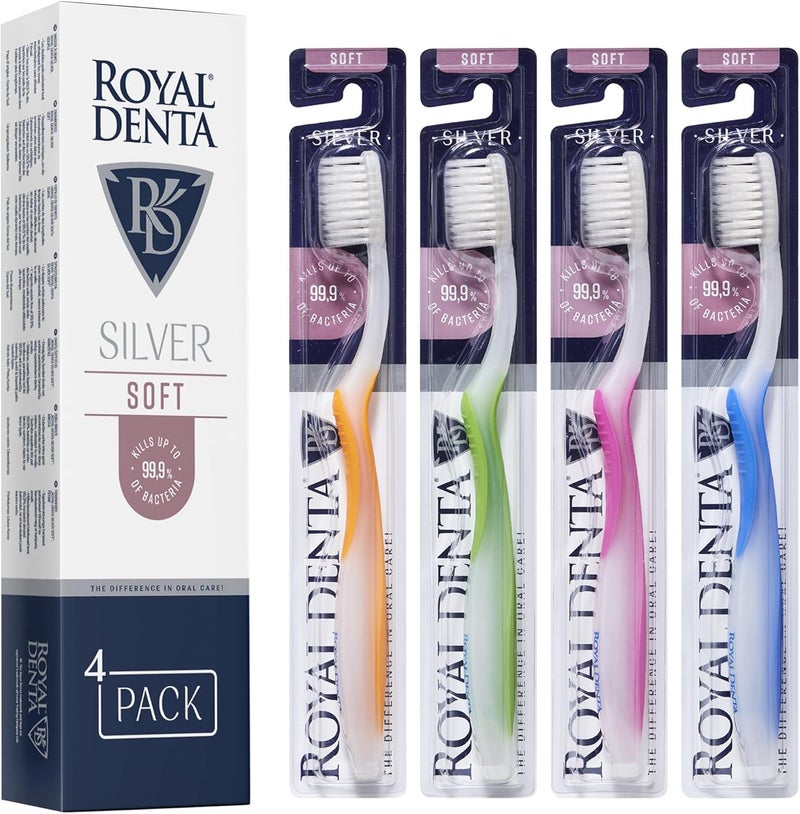 Royal Denta مجموعة من 4 فرش أسنان ذات شعيرات ناعمة فضية، فرشاة ناعمة للأسنان الحساسة، فرشاة أسنان ذات شعيرات مزدوجة الطول لتنظيف ما بين الأسنان، جزيئات فضية لمنع البكتيريا، متعددة الألوان - Image 1