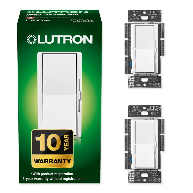 Lutron Diva LED+ Dimmer Light Switch for Dimmable LED, Halogen, and Incandescent Bulbs, 150 Watt, Single-Pole or 3-Way, DVCL-153P-WH, White (2-Pack) - Image 1