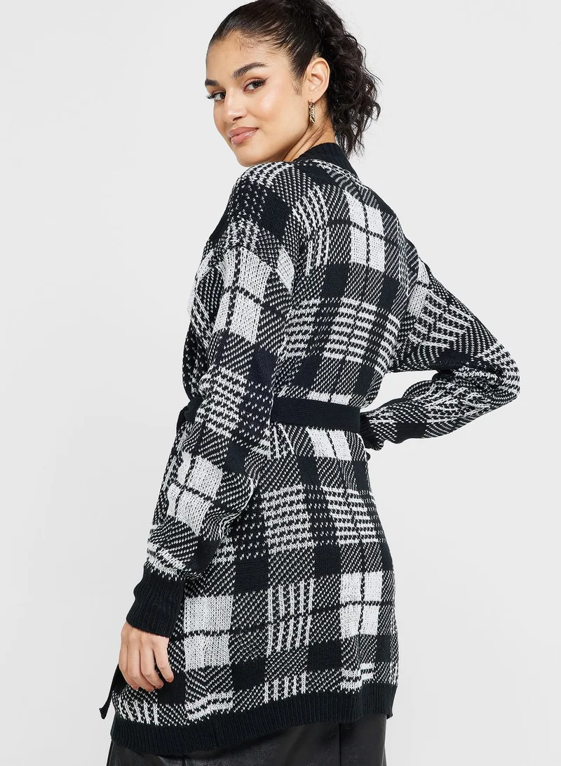 ELLA Checkered Print Cardigan With Tie Detail