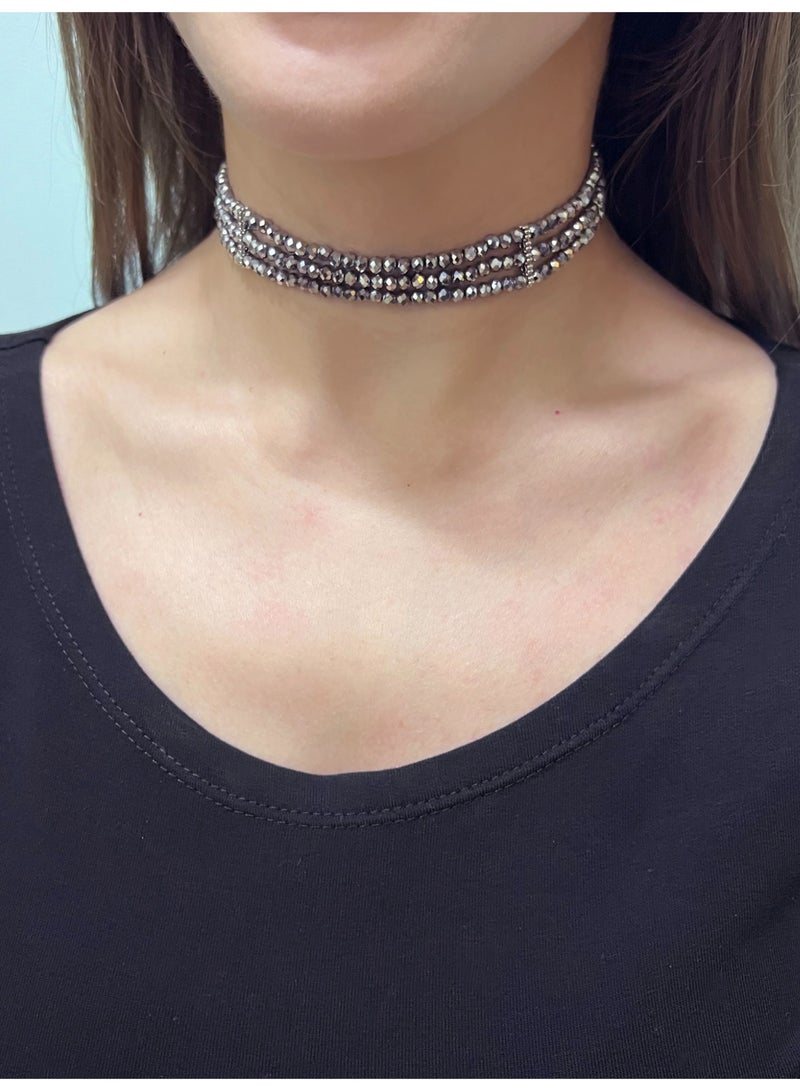 GetmanJewelry Women’s Handmade Silver Glass Bead Getman Jewerly Choker – Three-Row Faceted Necklace with Adjustable Chain - Image 1