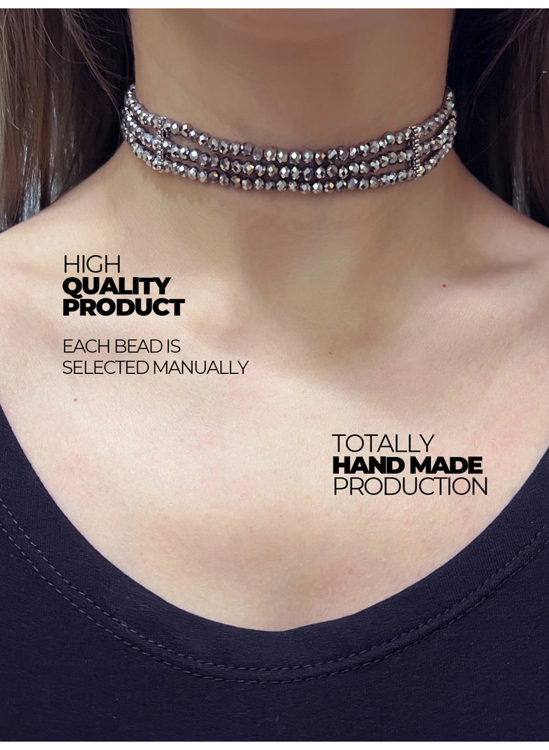 GetmanJewelry Women’s Handmade Silver Glass Bead Getman Jewerly Choker – Three-Row Faceted Necklace with Adjustable Chain - Image 2