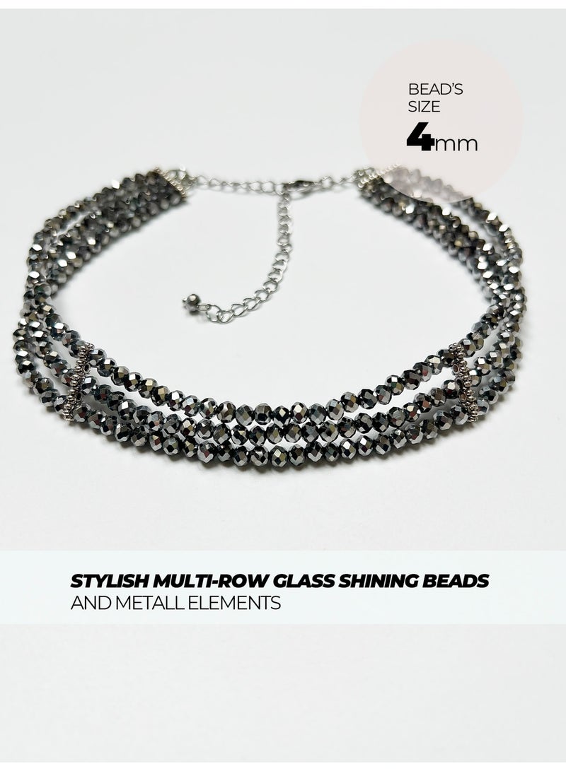 GetmanJewelry Women’s Handmade Silver Glass Bead Getman Jewerly Choker – Three-Row Faceted Necklace with Adjustable Chain - Image 3