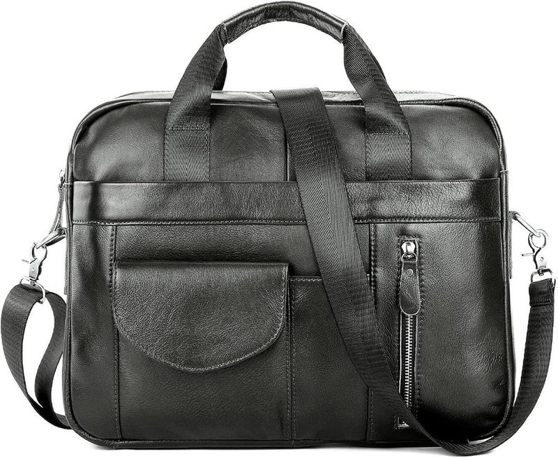 Retro Genuine Leather Laptop Briefcase, Shoulder Messenger Bag for 15.6 Inch Laptop, Crossbody Work Tote for Business Office College Travel, Black - Image 1