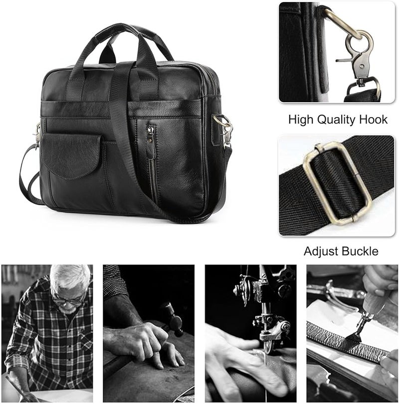 Retro Genuine Leather Laptop Briefcase, Shoulder Messenger Bag for 15.6 Inch Laptop, Crossbody Work Tote for Business Office College Travel, Black - Image 4