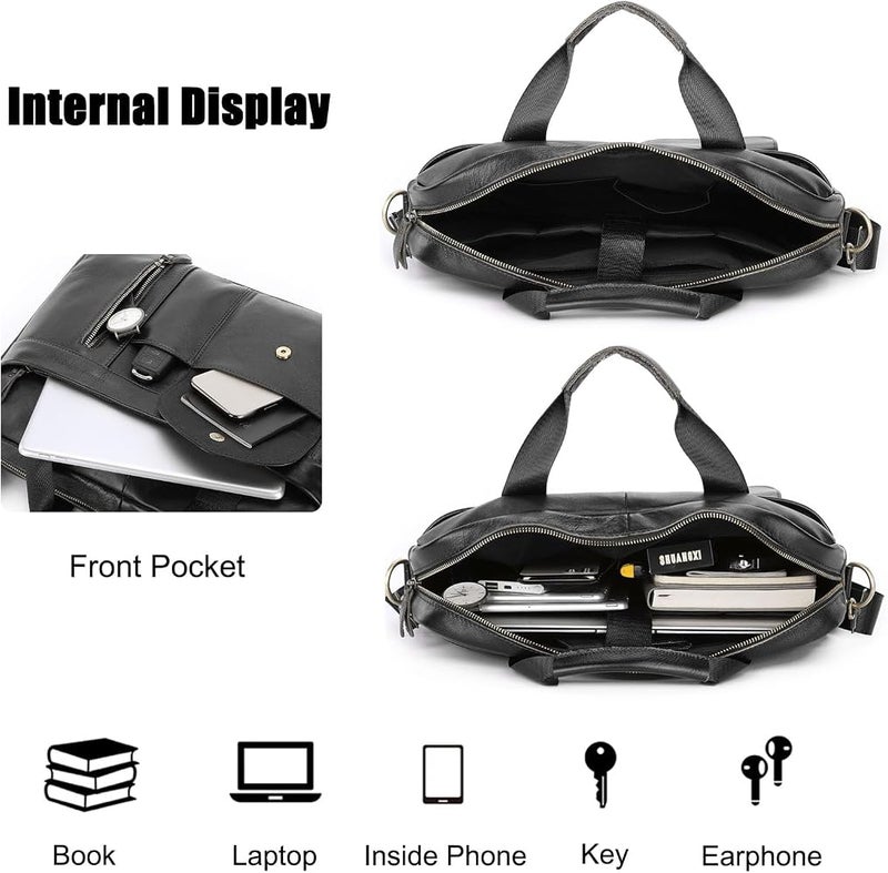 Retro Genuine Leather Laptop Briefcase, Shoulder Messenger Bag for 15.6 Inch Laptop, Crossbody Work Tote for Business Office College Travel, Black - Image 3