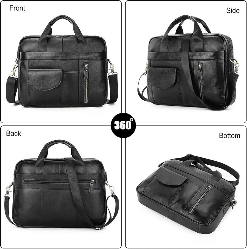 Retro Genuine Leather Laptop Briefcase, Shoulder Messenger Bag for 15.6 Inch Laptop, Crossbody Work Tote for Business Office College Travel, Black - Image 5