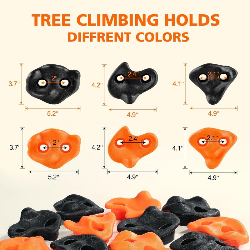 TOPNEW 12 Ninja Tree Climbing Holds for Kids Climber, Orange & Black Tree Climbing Kit with 6 Ratchet Straps for Outdoor Ninja Warrior Obstacle Course Training - Image 4